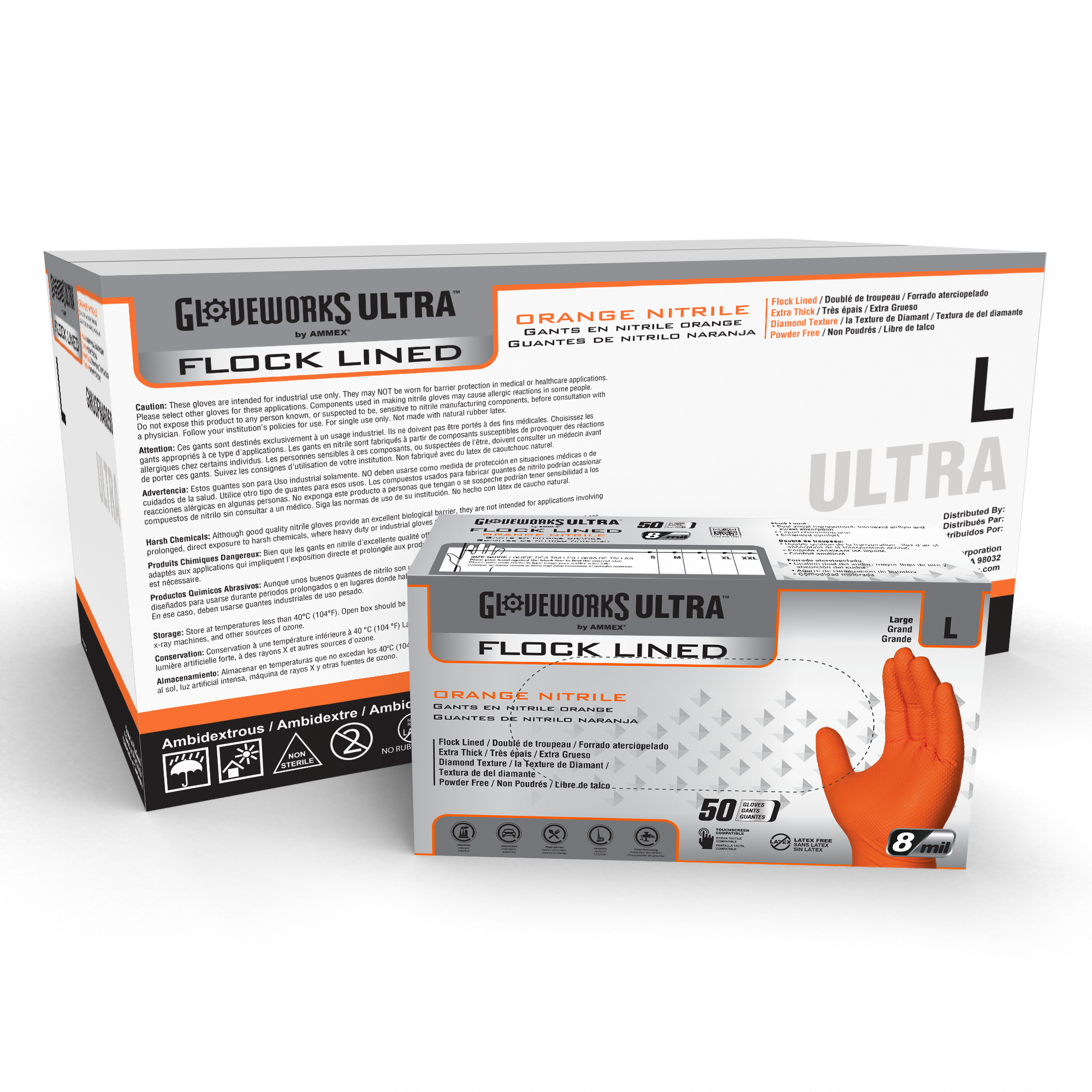 Gloveworks Ultra [GWUOFN] 8 Mil Heavy Duty Industrial Orange Flock-Lin