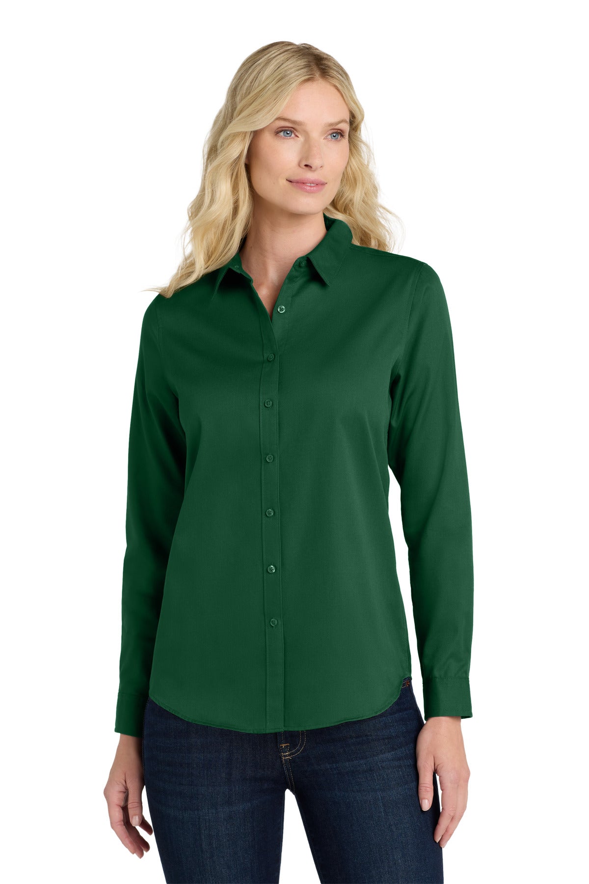 emerald green dress shirt womens Women's Solid Dark Green Long Sleeve Shirt