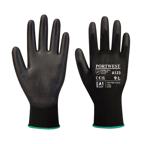 A123-Black.  Latex Free PU Palm Glove - Full Carton (144).  Live Chat for Bulk Discounts