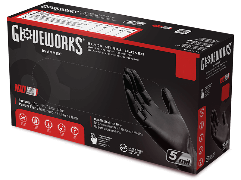 Gloveworks [GPNB] Black Nitrile 5 Mil Industrial Latex Free Disposable Gloves (Case of 1000). Free Shipping. Live Chat For Bulk Discounts.