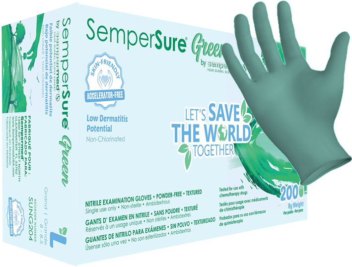 SemperSure [SUNG] Green Nitrile 3 Mil Latex Free Exam Disposable Gloves (Case of 2000). Free Shipping. Live Chat For Bulk Discount Code.