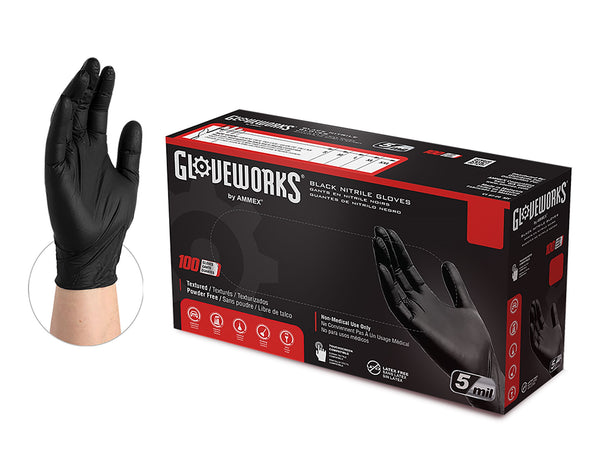 Gloveworks [GPNB] Black Nitrile 5 Mil Industrial Latex Free Disposable Gloves (Case of 1000). Free Shipping. Live Chat For Bulk Discounts.