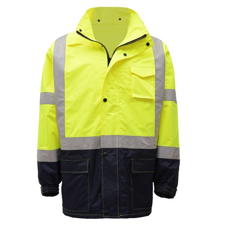 GSS Safety [6003] Class 3 Hi Vis Premium Hooded Rain Jacket With Black Bottom. Live Chat for Bulk Discounts.