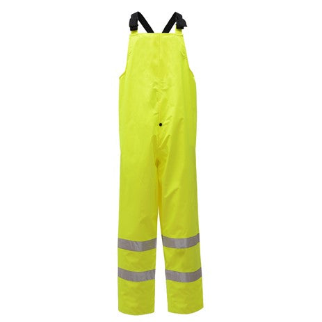 GSS Safety [6807] Hi Vis Class E Premium Waterproof Bib with 2 Side Pockets and 1 Cargo Pocket  - Lime. Live Chat for Bulk Discounts.