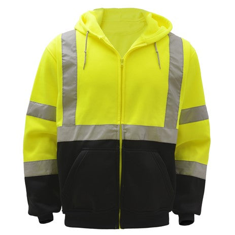 GSS Safety [7003] Class 3 Hi Vis Zipper Front Hooded Sweatshirt with Black Bottom - Lime. Live Chat for Bulk Discounts.