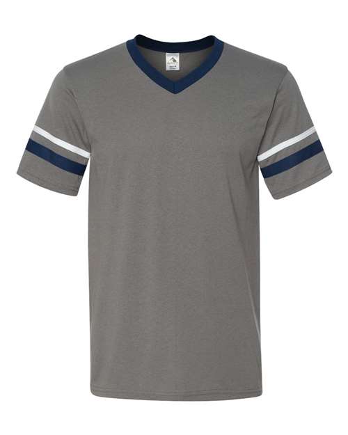 Augusta Sportswear V-Neck Jersey with Striped Sleeves 360 - Graphite/ Navy/ White