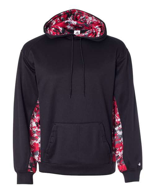 Badger Digital Camo Colorblock Performance Fleece Hooded Sweatshirt 1464 - Black/ Red