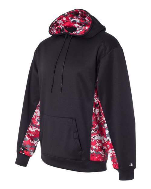 Badger Digital Camo Colorblock Performance Fleece Hooded Sweatshirt 1464 - Black/ Red