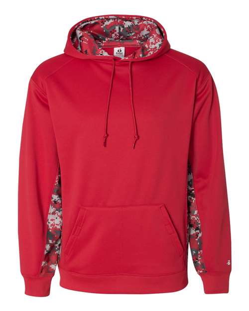 Badger Digital Camo Colorblock Performance Fleece Hooded Sweatshirt 1464 - Red/ Red