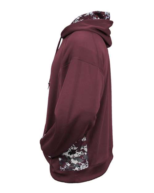 Badger Digital Camo Colorblock Performance Fleece Hooded Sweatshirt 1464 - Maroon/ Maroon