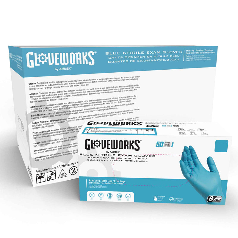 Gloveworks Extended Cuff Exam Grade Blue Nitrile Gloves.  7 mil, 12 inches long, Latex Free, Powder Free, Textured, Disposable [GPNHD], Case of 500.  Live Chat for Bulk Discounts.