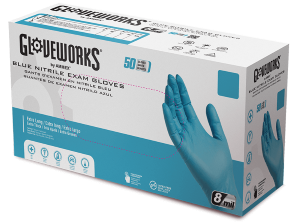 Gloveworks Extended Cuff Exam Grade Blue Nitrile Gloves.  7 mil, 12 inches long, Latex Free, Powder Free, Textured, Disposable [GPNHD], Case of 500.  Live Chat for Bulk Discounts.