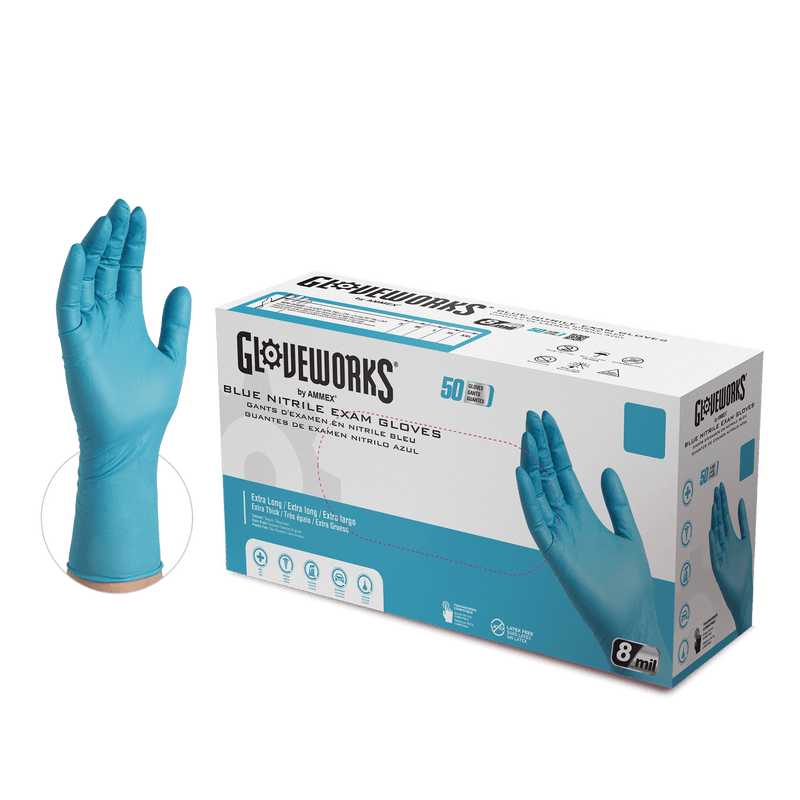 Gloveworks Extended Cuff Exam Grade Blue Nitrile Gloves.  7 mil, 12 inches long, Latex Free, Powder Free, Textured, Disposable [GPNHD], Case of 500.  Live Chat for Bulk Discounts.