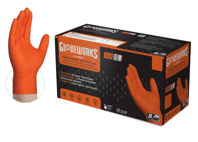 Gloveworks [GWON] Heavy Duty 8 Mil Nitrile Disposable Gloves with Raised Diamond Texture. (Case of 1000). Buy More and Save. Live Chat for Bulk Discounts.