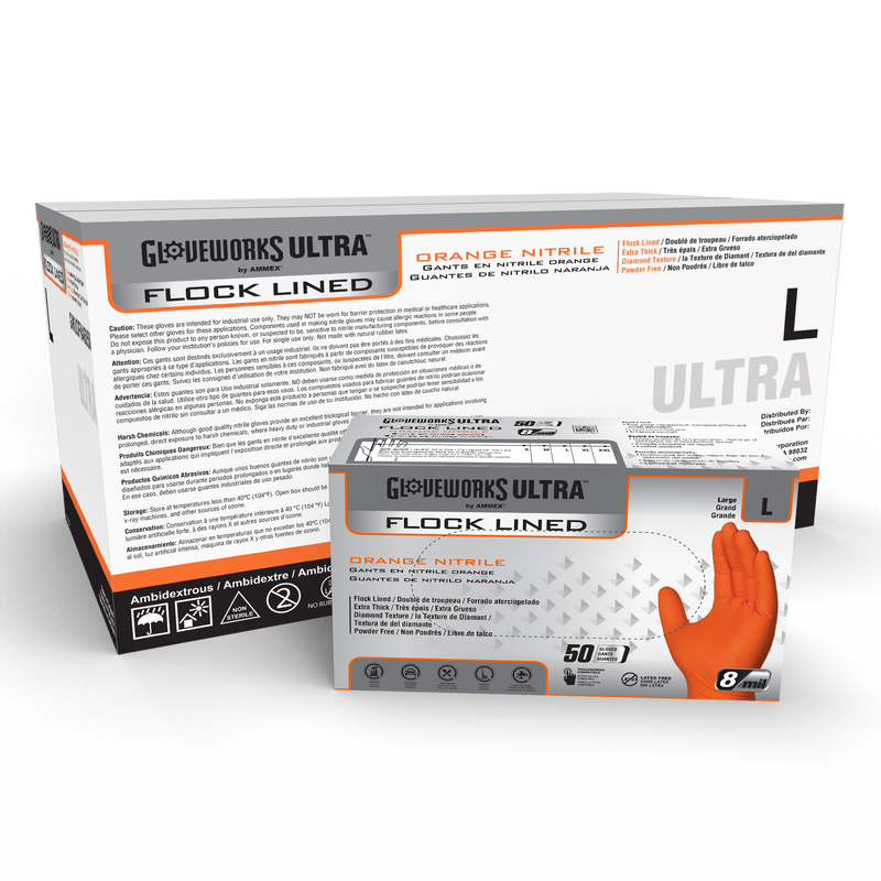 Gloveworks Ultra [GWUOFN] 8 Mil Heavy Duty Industrial Orange Flock-Lined Raised Diamond Texture Nitrile Disposable Gloves.  (Case of 500).  Live Chat for Bulk Discounts.