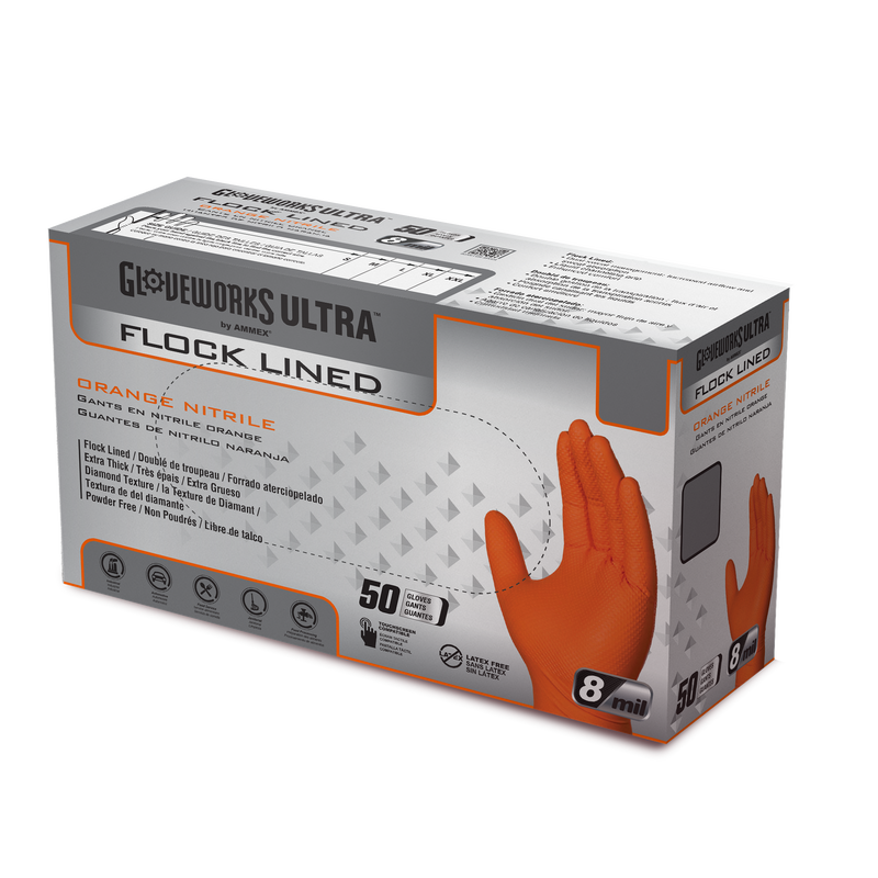 Gloveworks Ultra [GWUOFN] 8 Mil Heavy Duty Industrial Orange Flock-Lined Raised Diamond Texture Nitrile Disposable Gloves.  (Case of 500).  Live Chat for Bulk Discounts.