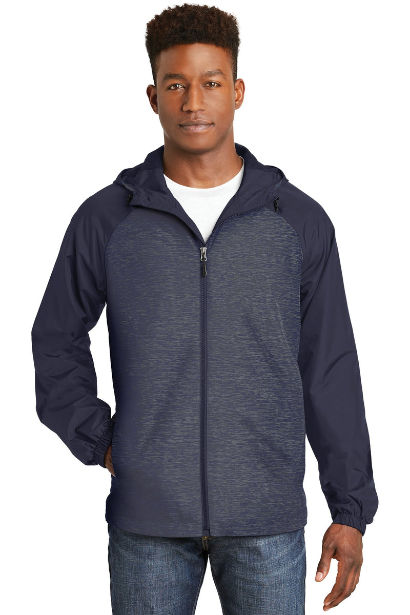Sport-Tek ®  Heather Colorblock Raglan Hooded Wind Jacket. JST40