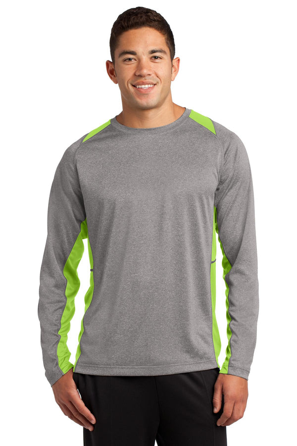 Sport-Tek ®  Long Sleeve Heather Colorblock Contender   Tee. ST361LS - Vintage Heather/ Lime Shock