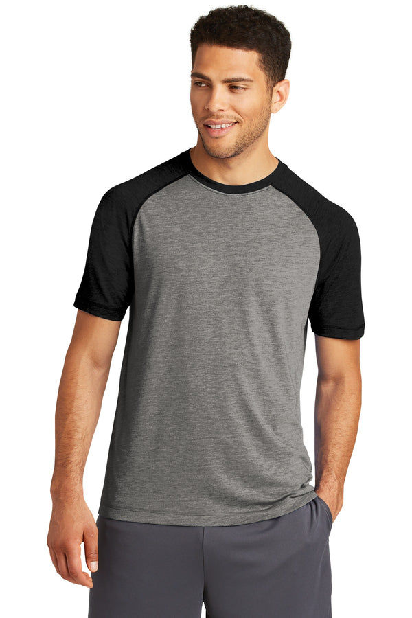 Sport-Tek  ®  PosiCharge  ®  Tri-Blend Wicking Raglan Tee. ST400 - Black Triad Solid/ Dark Grey Heather