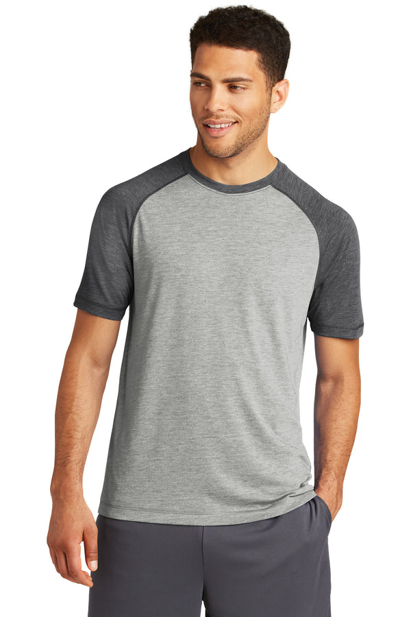 Sport-Tek  ®  PosiCharge  ®  Tri-Blend Wicking Raglan Tee. ST400 - Dark Grey Heather/ Light Grey Heather
