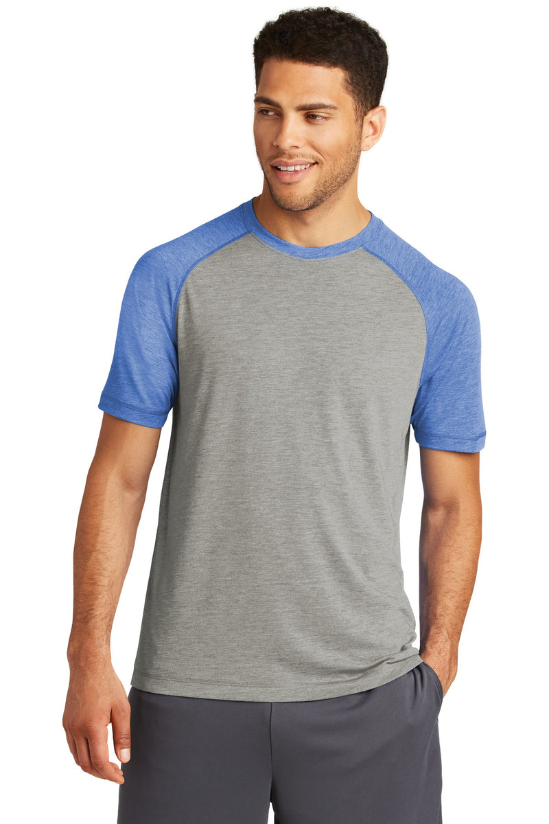 Sport-Tek  ®  PosiCharge  ®  Tri-Blend Wicking Raglan Tee. ST400 - True Royal Heather/ Light Grey Heather