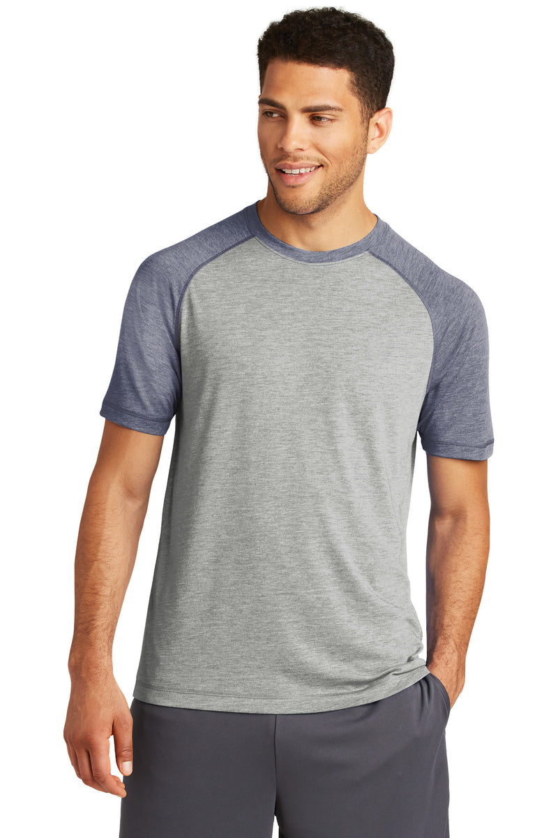 Sport-Tek  ®  PosiCharge  ®  Tri-Blend Wicking Raglan Tee. ST400 - True Navy Heather/ Light Grey Heather