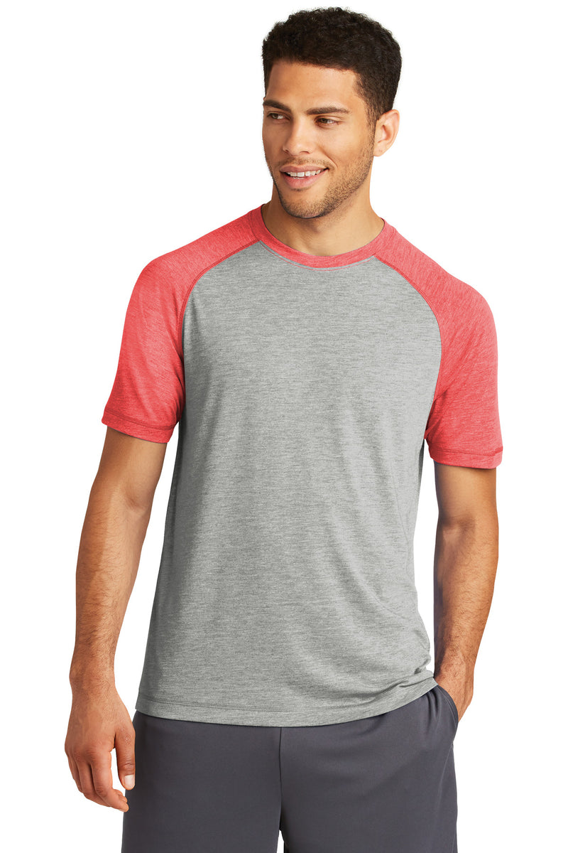 Sport-Tek  ®  PosiCharge  ®  Tri-Blend Wicking Raglan Tee. ST400 - True Red Heather/ Light Grey Heather