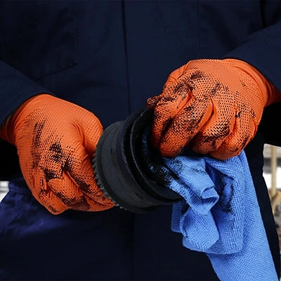 Gloveworks Ultra [GWUOFN] 8 Mil Heavy Duty Industrial Orange Flock-Lined Raised Diamond Texture Nitrile Disposable Gloves.  (Case of 500).  Live Chat for Bulk Discounts.
