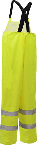 GSS Safety [6807] Hi Vis Class E Premium Waterproof Bib with 2 Side Pockets and 1 Cargo Pocket  - Lime. Live Chat for Bulk Discounts.