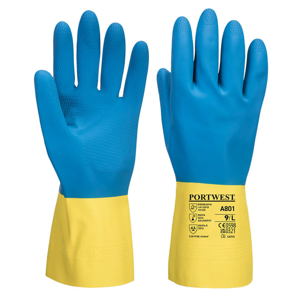 A801-Yellow/Blue.  Double Dipped Latex Gauntlet.  Live Chat for Bulk Discounts