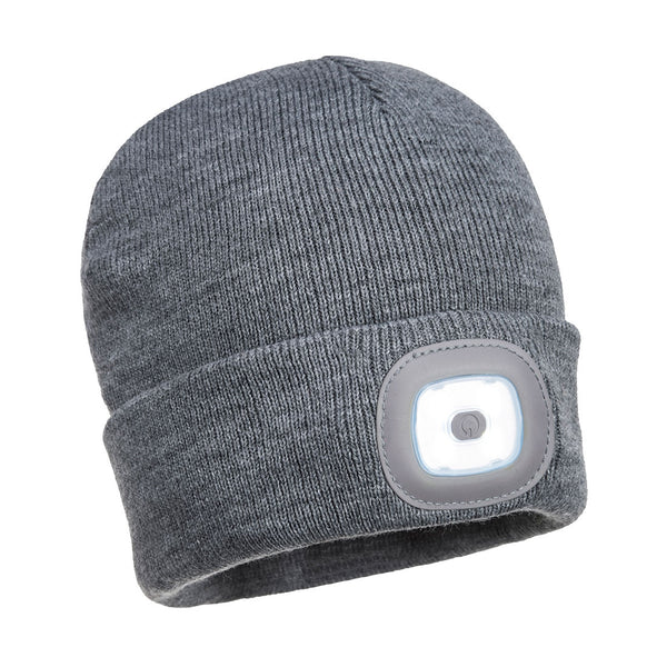 B028-Gray.  Rechargeable Twin LED Beanie	.  Live Chat for Bulk Discounts