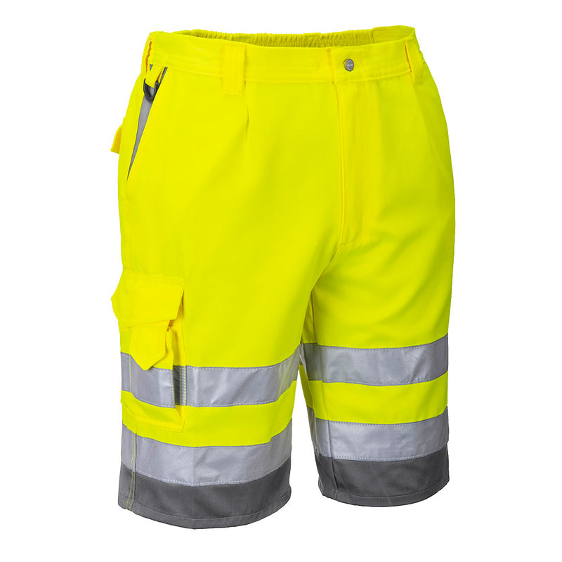 E043-Yellow/Gray.  Hi-Vis Polycotton Shorts.  Live Chat for Bulk Discounts