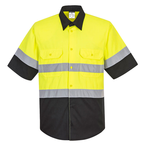 E067-Yellow/Black.  Two Tone Short Sleeve ANSI Work Shirt.  Live Chat for Bulk Discounts