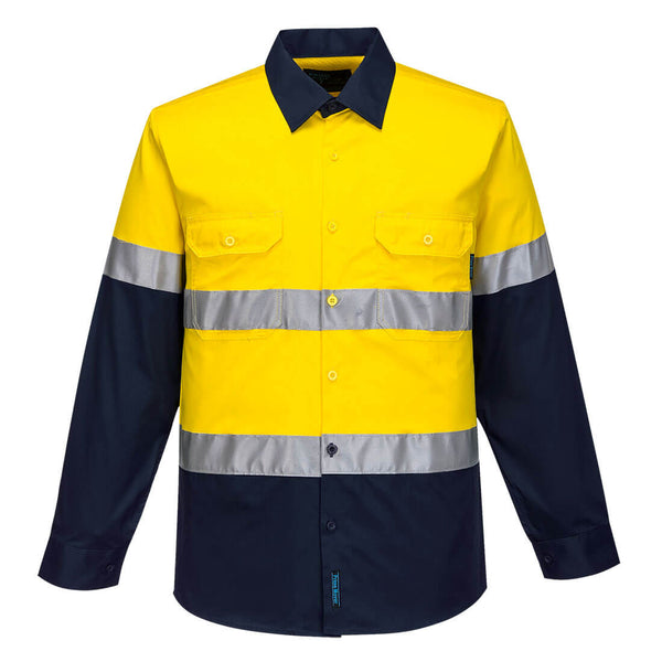 F145-Yellow/Navy.  Iona Enhanced Cotton Shirt.  Live Chat for Bulk Discounts