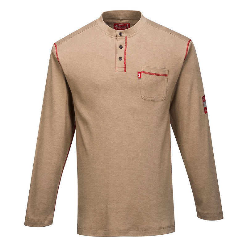 FR02-Khaki.  Bizflame FR Henley.  Live Chat for Bulk Discounts