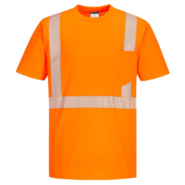 S194-Orange.  Segmented Tape Short Sleeve T-Shirt.  Live Chat for Bulk Discounts