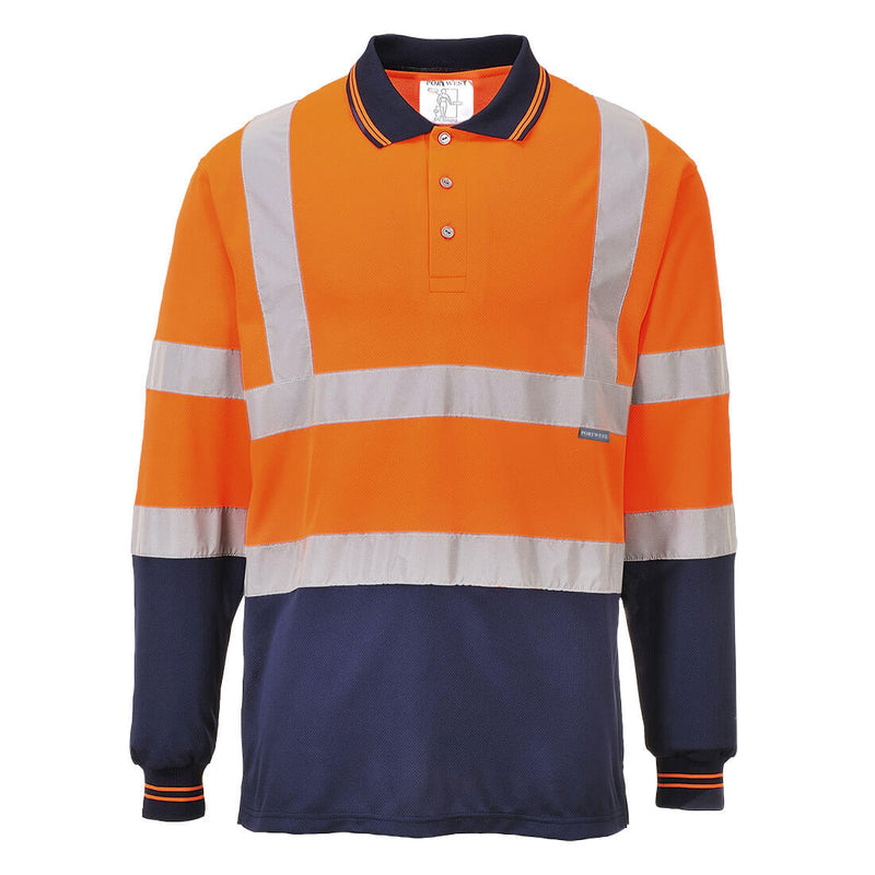 S279-Orange/Navy.  Two-Tone Long Sleeve Polo Shirt.  Live Chat for Bulk Discounts
