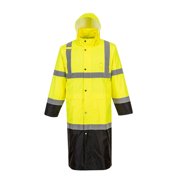 UH446-Yellow/Black.  Hi-Vis Contrast Rain Coat 48".  Live Chat for Bulk Discounts