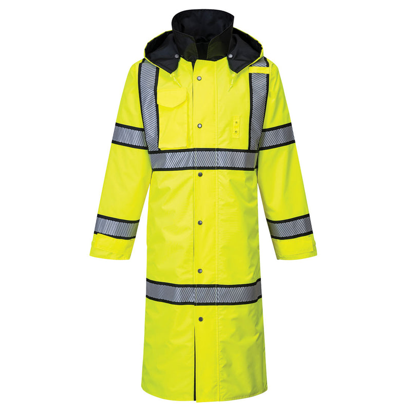 UH447-Yellow/Black.  Hi-Vis Reversible Rain Coat 48".  Live Chat for Bulk Discounts