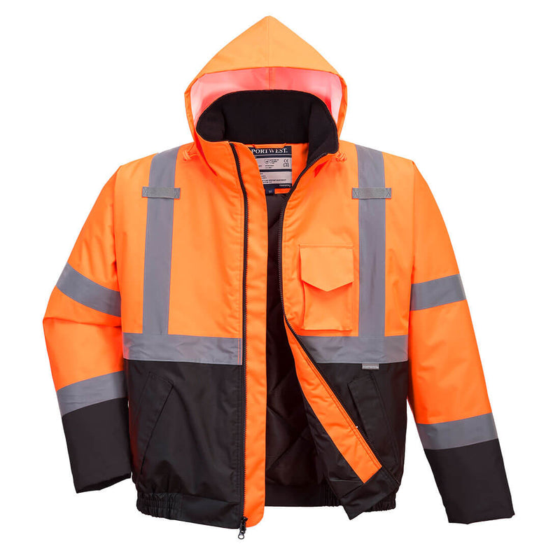 US363-Orange/Black.  Hi-Vis Two Tone Bomber Jacket.  Live Chat for Bulk Discounts