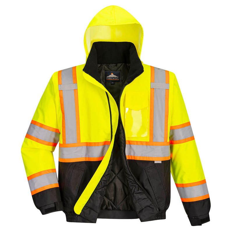 US368-Yellow/Black.  Hi-Vis Contrast Tape Bomber Jacket.  Live Chat for Bulk Discounts