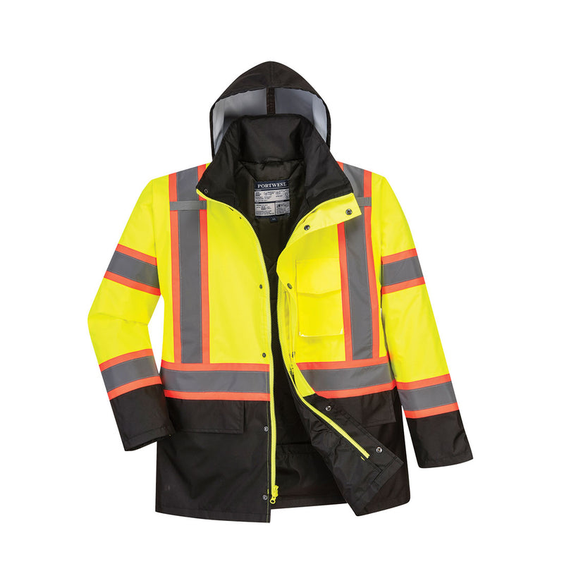 US369-Yellow/Black.  Hi-Vis Contrast Tape Traffic Jacket.  Live Chat for Bulk Discounts