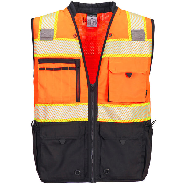 US375-Orange/Black.  Premium Surveyor Vest.  Live Chat for Bulk Discounts