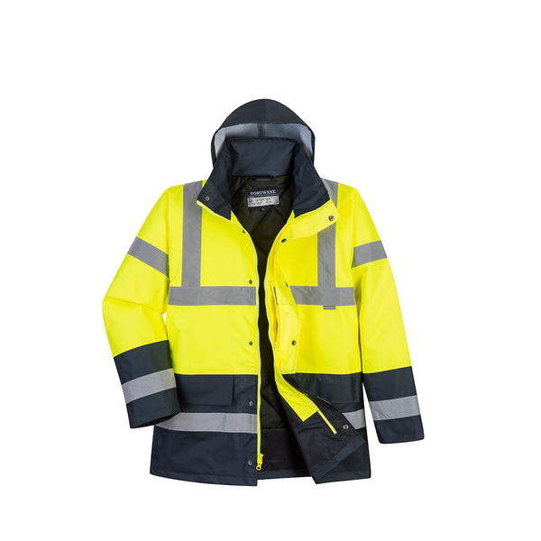 US466-Yellow/Navy.  Hi-Vis Contrast Traffic Jacket.  Live Chat for Bulk Discounts